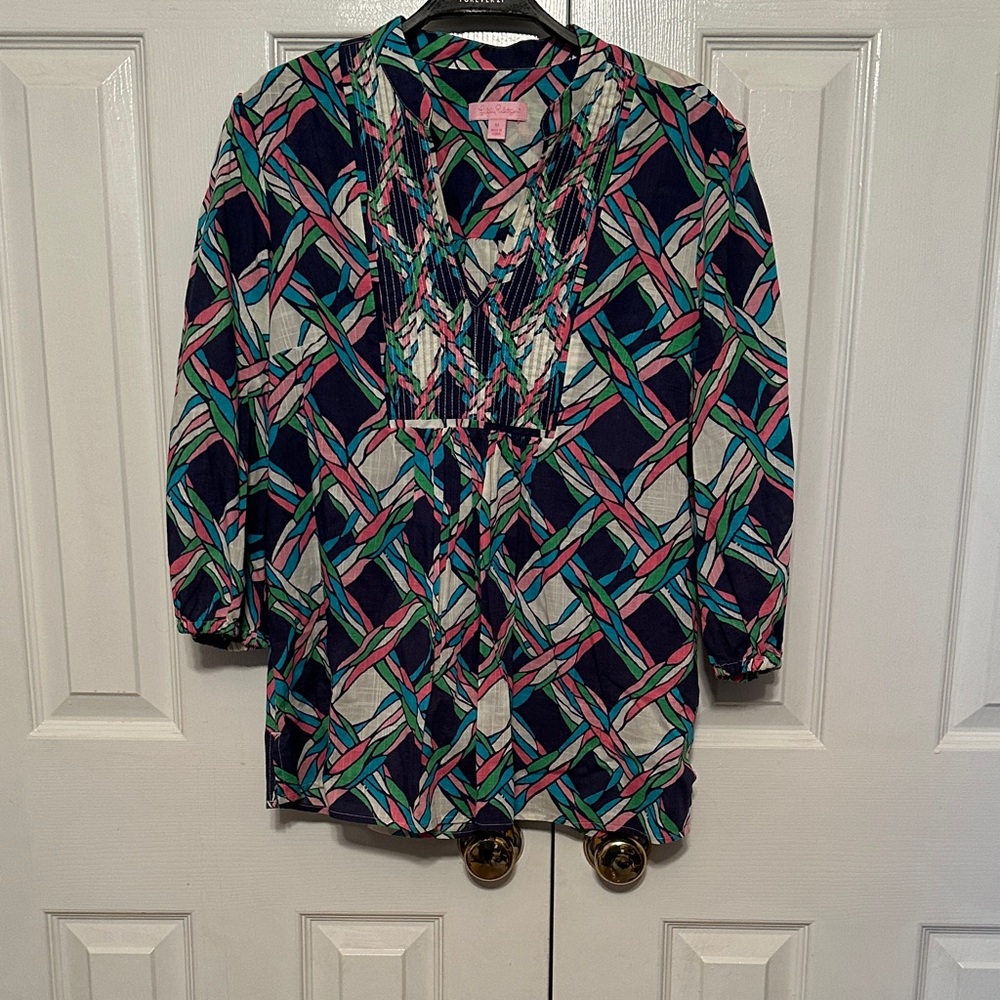 Lilly Pulitzer Navy Pink Teal Patterned Tunic Blouse